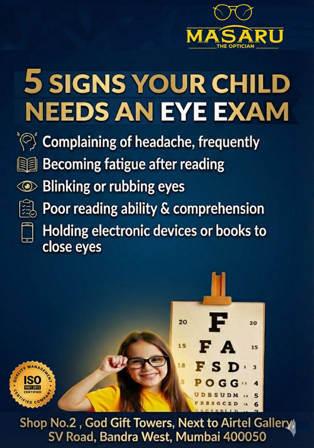 5 signs your child needs an eye exam: headaches, fatigue after reading, blinking or rubbing eyes, poor reading ability, holding devices too close.