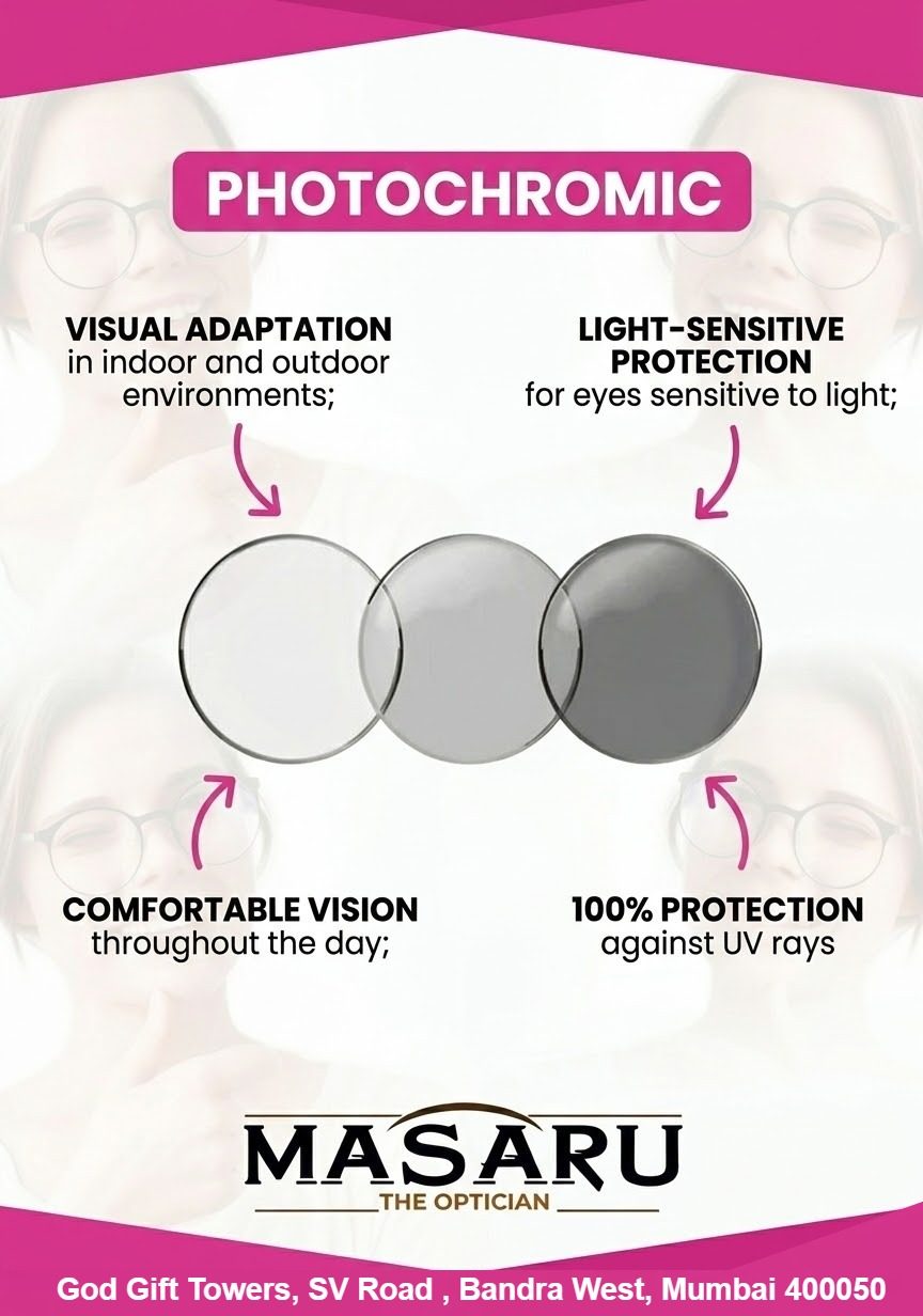 Photochromic lenses: visual adaptation indoors and outdoors, light-sensitive protection, comfortable vision all day, 100% UV protection.